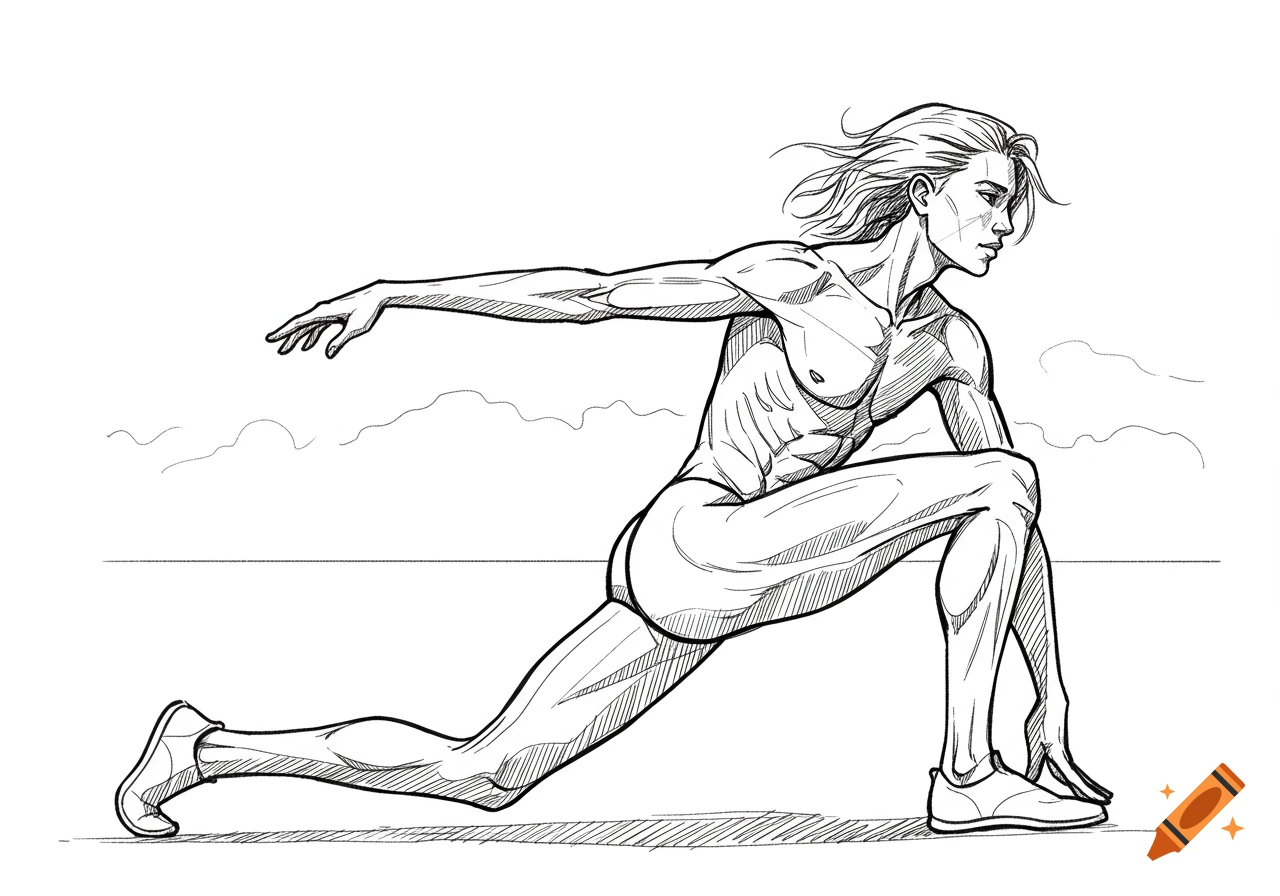 A black and white line sketch of a muscular man doing a runner's stretch.