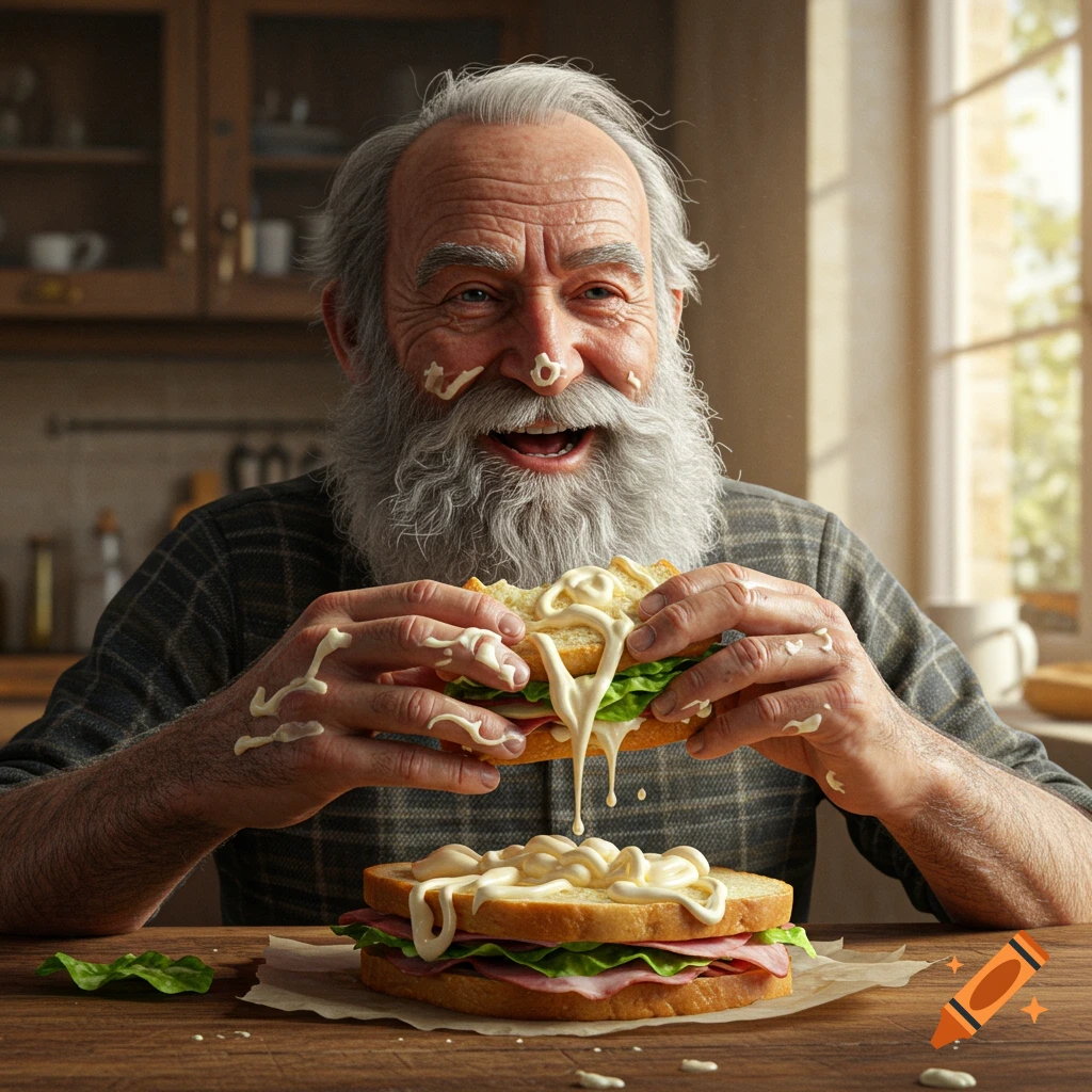 A happy, bearded older man messily eats a mayonnaise-covered sandwich, with mayo on his face and hands, in a kitchen.