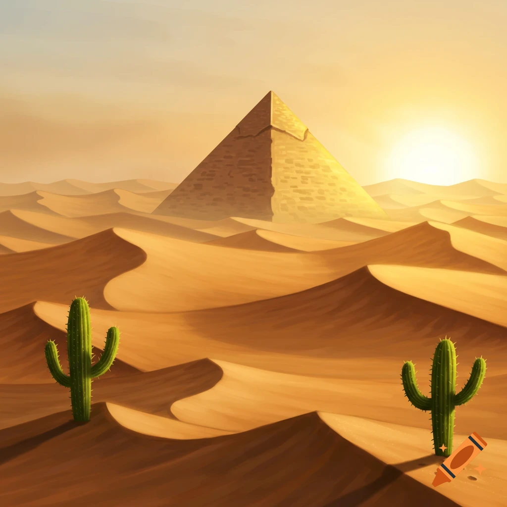 Illustrated desert landscape with a large pyramid, rolling sand dunes, and two cacti under a bright sunset.