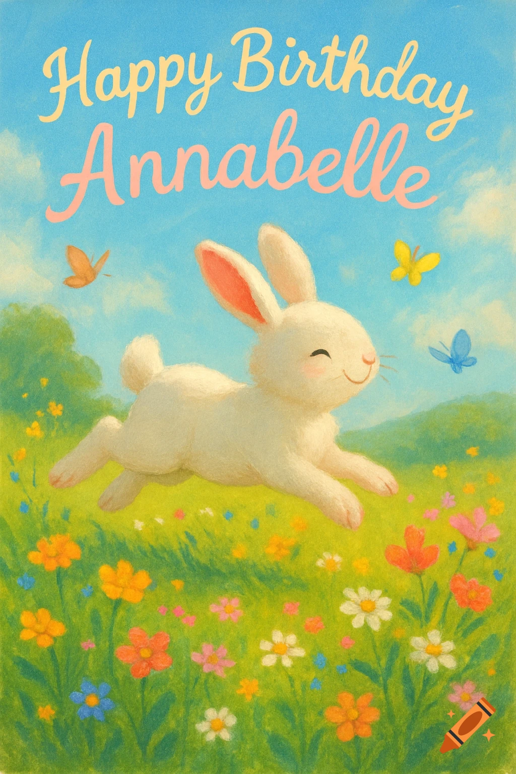 Whimsical illustration of a white bunny hopping through a flowery meadow with butterflies, saying "Happy Birthday Annabelle".