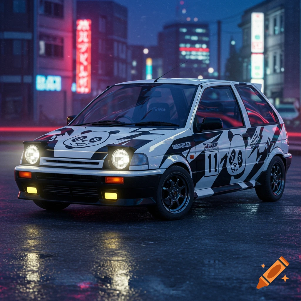 A white car with black panda-themed livery and the number 11 is parked on a wet city street at night, with neon signs glowing in the background.