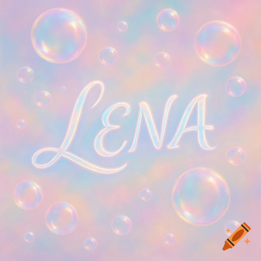 Pastel rainbow background with shimmering soap bubbles and the name 'LENA' in glowing script.
