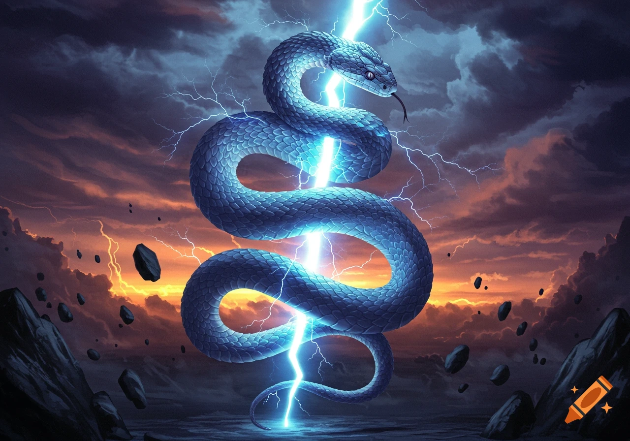 Blue snake coiled around a bright lightning bolt against a stormy, orange-hued sky with floating rocks, digital art.