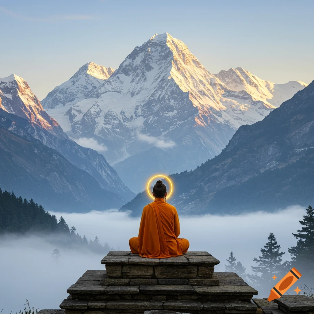A figure in an orange robe with a halo meditates on a stone platform overlooking misty mountain valleys and snow-capped peaks at sunrise, photorealistic style.