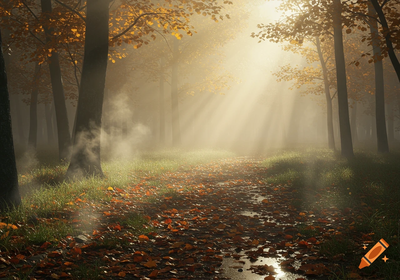 A misty autumn forest path covered in wet fallen leaves, with sunbeams filtering through the tall trees.