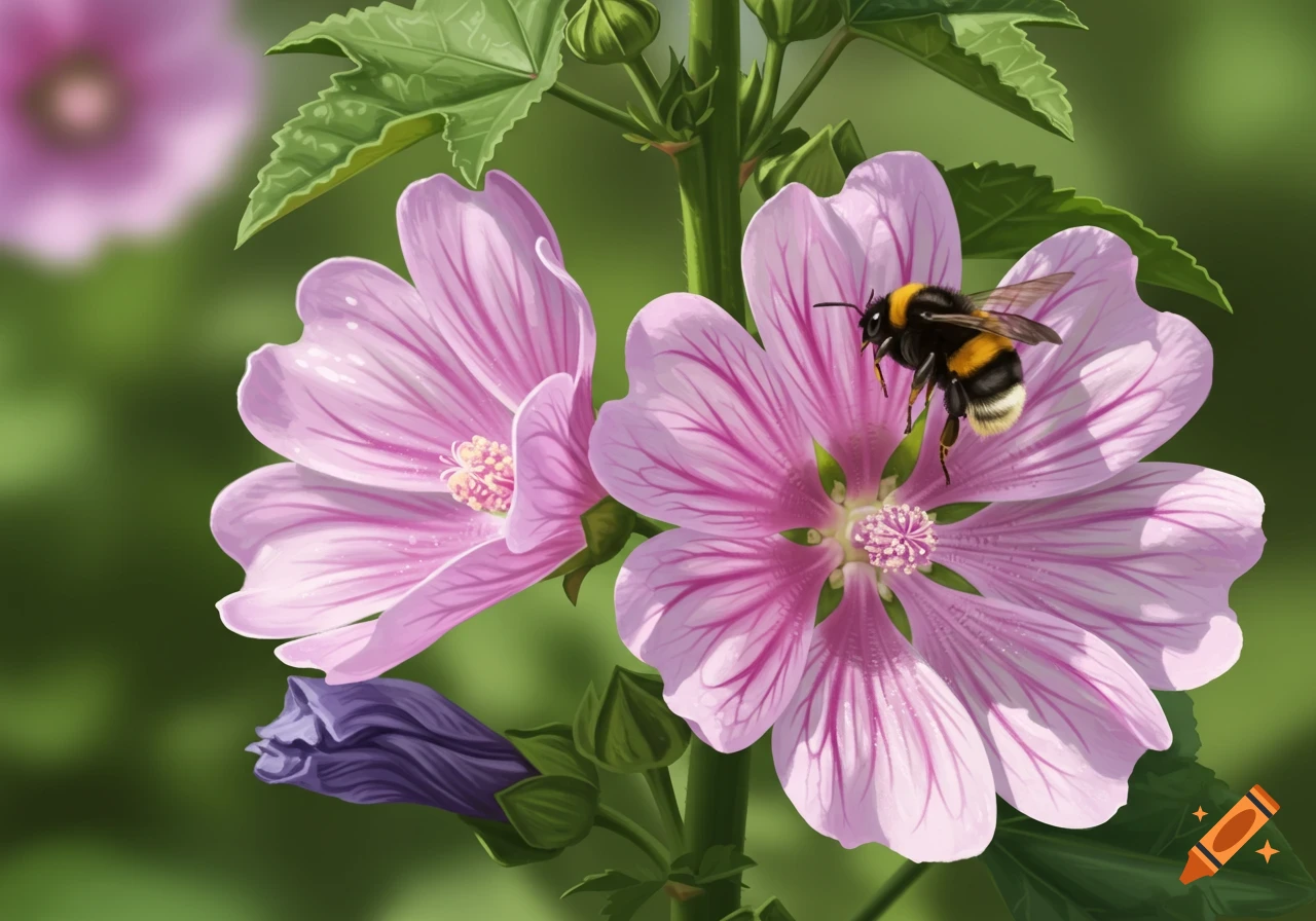 A vibrant digital painting of a fluffy bumblebee perched on a pink mallow flower, with another flower and bud.