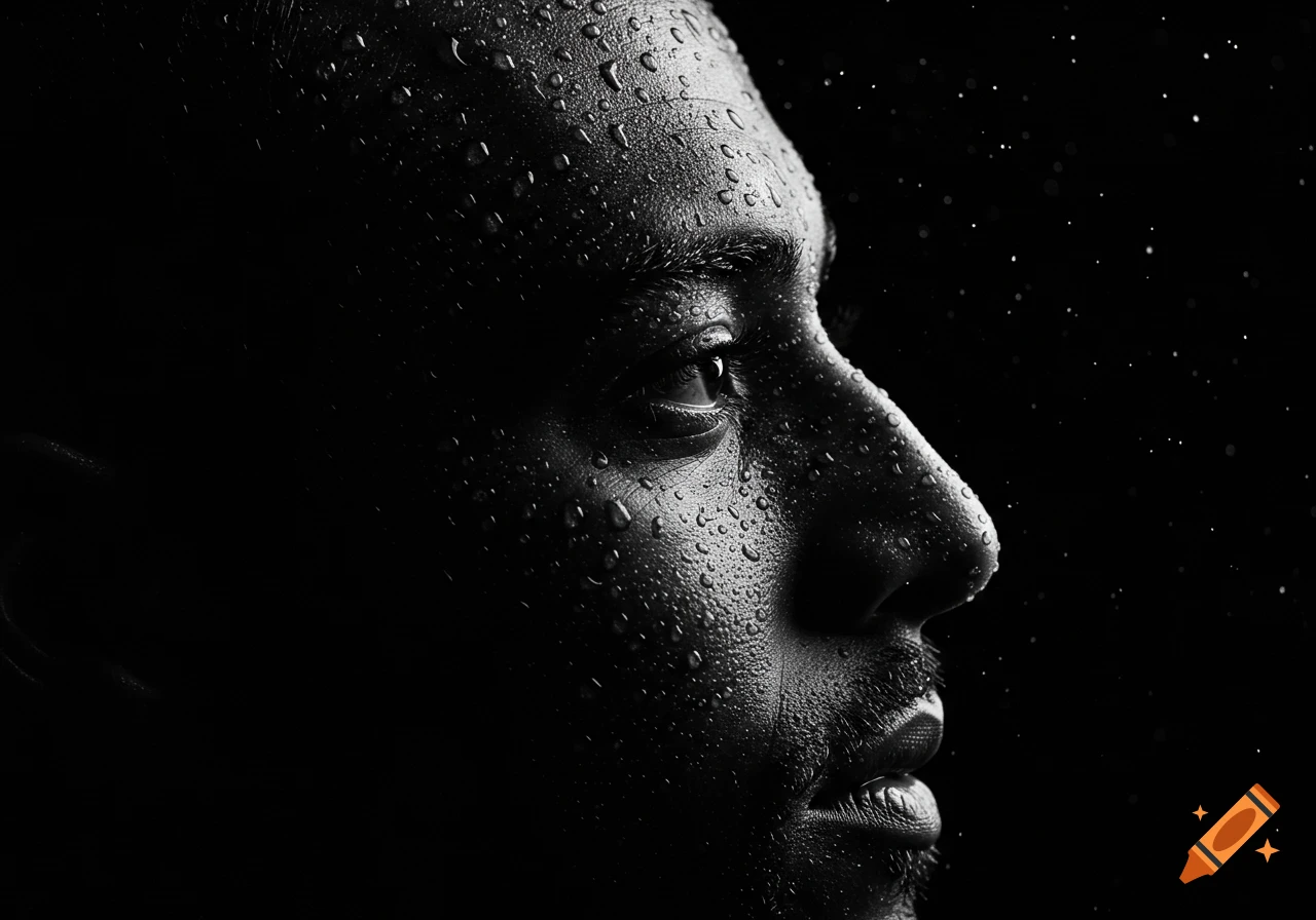 Black and white close-up portrait of a man's face covered in water droplets, looking right.