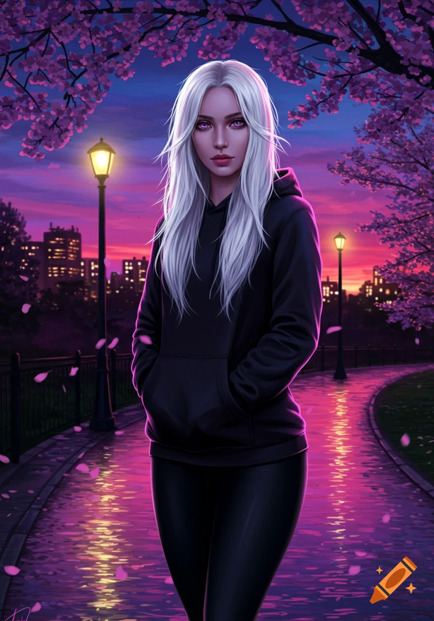 Digital painting of a woman with long silver hair and purple eyes, wearing a black hoodie, standing on a reflective path amidst pink cherry blossoms at dusk, with city lights in the background.