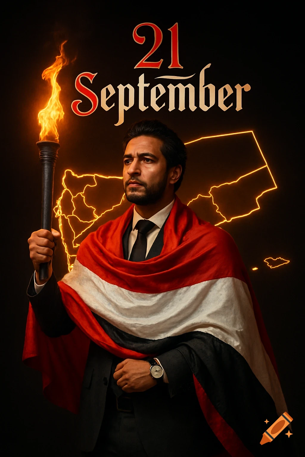 A man in a suit wrapped in a Yemeni flag holds a torch against a dark background with a glowing map of Yemen. '21 September' text above.