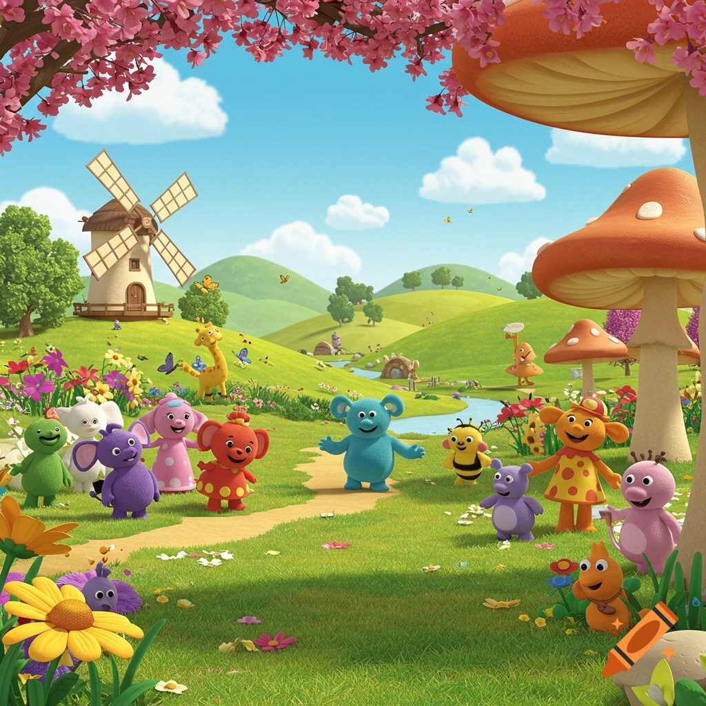 Colorful cartoon animal characters in a vibrant fantasy landscape with green hills, large mushrooms, a windmill, and flowering trees.
