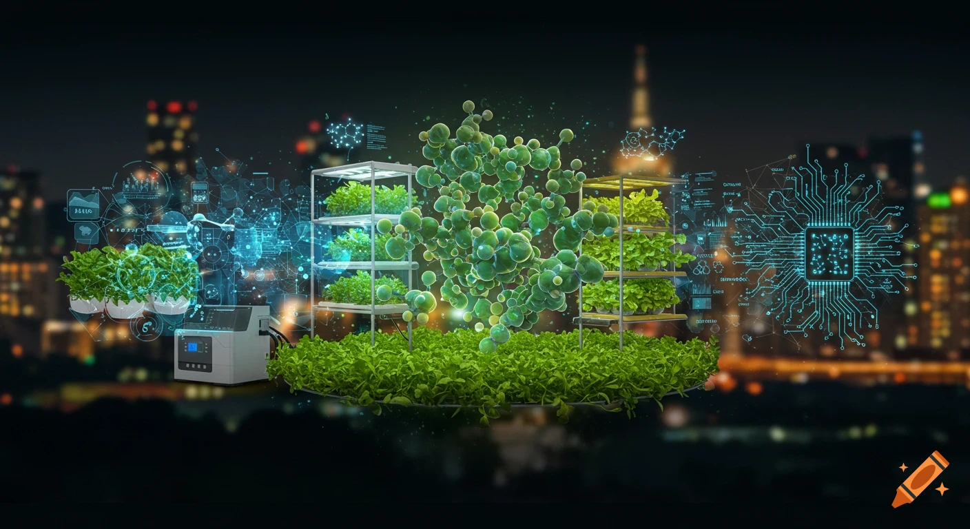 A futuristic image featuring sustainable food sources grown in vertical farms with glowing blue circuit board and holographic data visualizations in a cityscape at night.