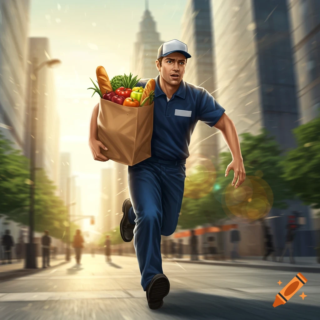A male grocery delivery driver in a blue uniform runs with a paper bag of fresh produce and bread down a sunny city street.