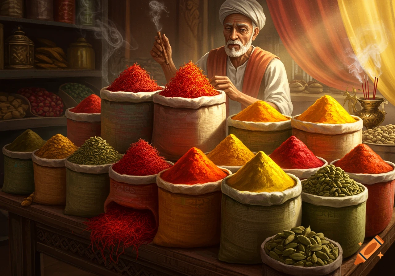 An elderly man in a turban stands behind a counter laden with sacks of colorful spices, with smoke rising from incense.