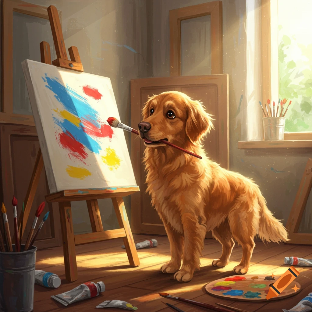 A golden retriever dog holds a paintbrush in its mouth, painting on an easel in a sunlit art studio. Digital painting.