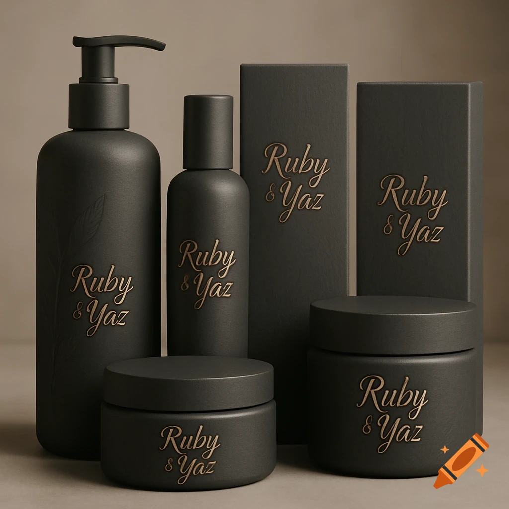 A collection of grey beauty product containers with 'Ruby & Yaz' in bronze calligraphy, including bottles, boxes, and jars.
