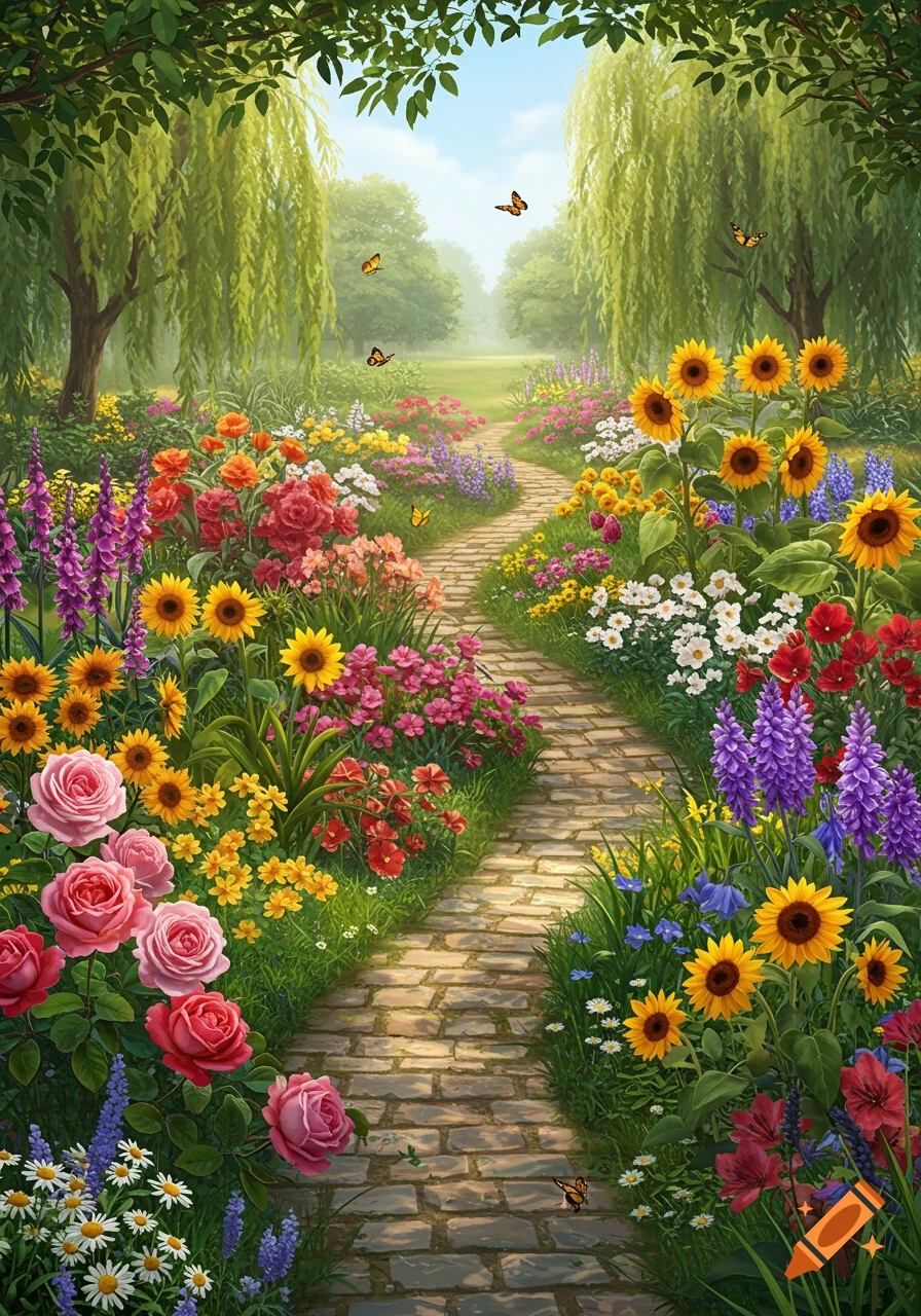 A vibrant, colorful garden with a stone path winding through beds of roses, sunflowers, and other blossoms, under willow trees with butterflies.