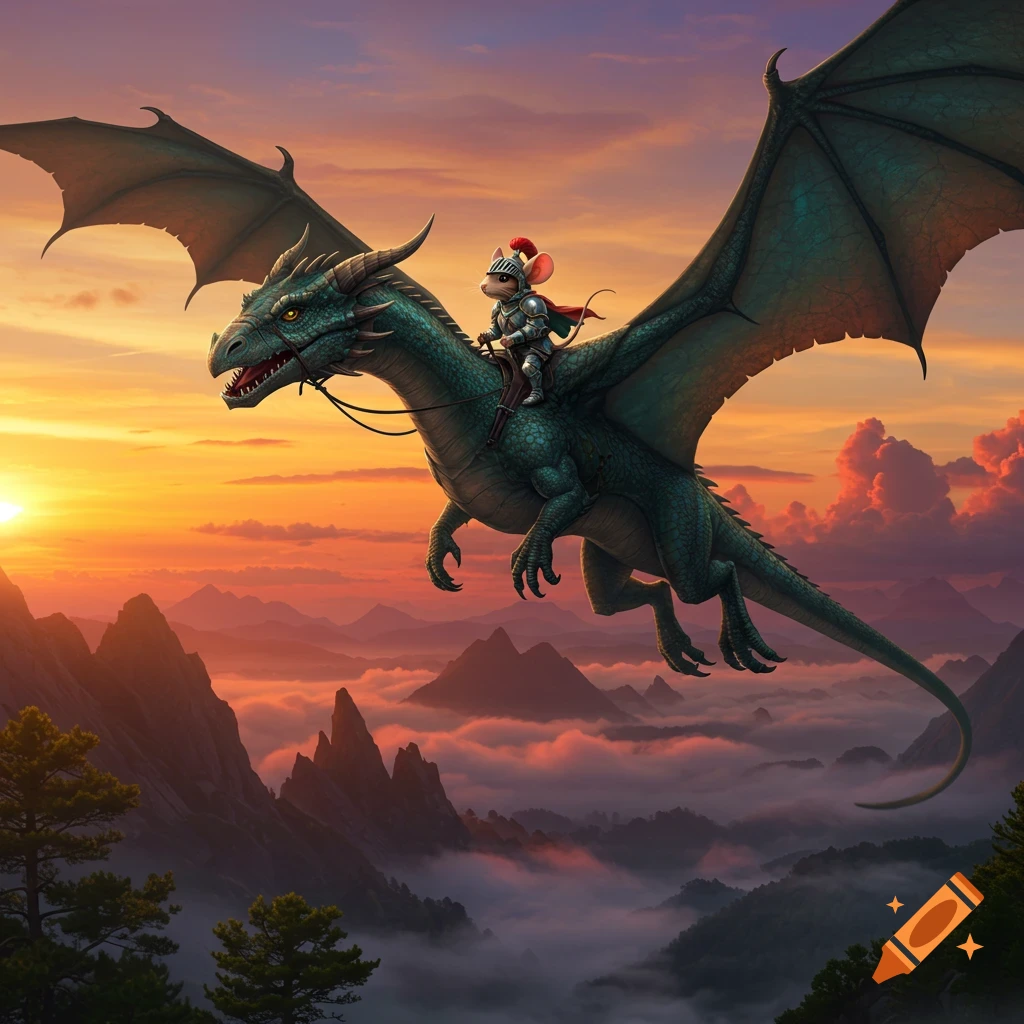 A small mouse in a suit of armor rides a large green dragon flying above cloud-filled mountains at sunset.