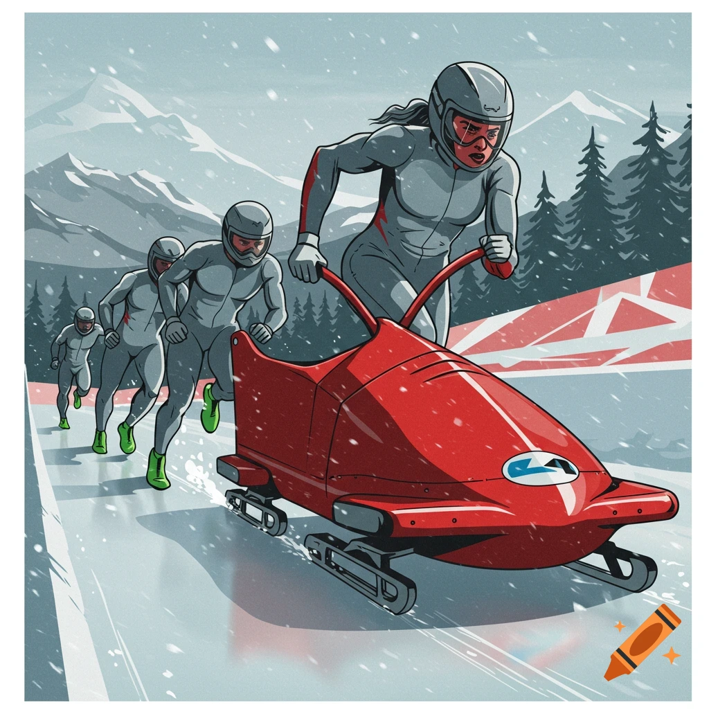 A female athlete pushes a red bobsled on a snowy track with three teammates behind, mountains and trees in background, graphic art style.