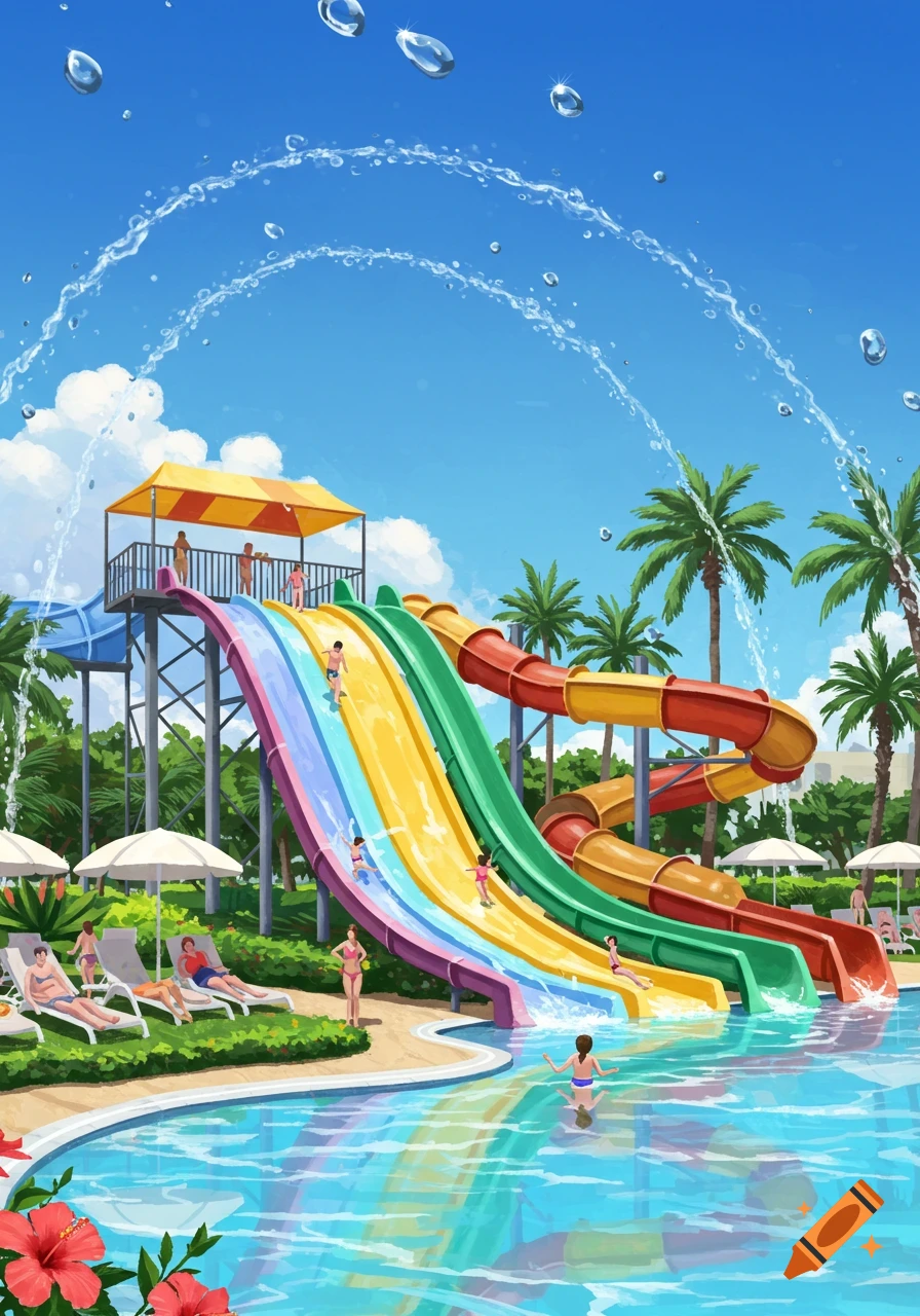 Vibrant illustration of a busy water park with colorful slides, people swimming and sunbathing under a sunny sky with palm trees.