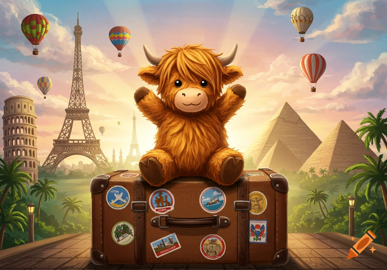 A cute cartoon Highland cow plushie sits on a brown suitcase adorned with travel stickers. In the background are famous landmarks like the Eiffel Tower, Colosseum, and pyramids, with hot air balloons floating in a sunset sky.
