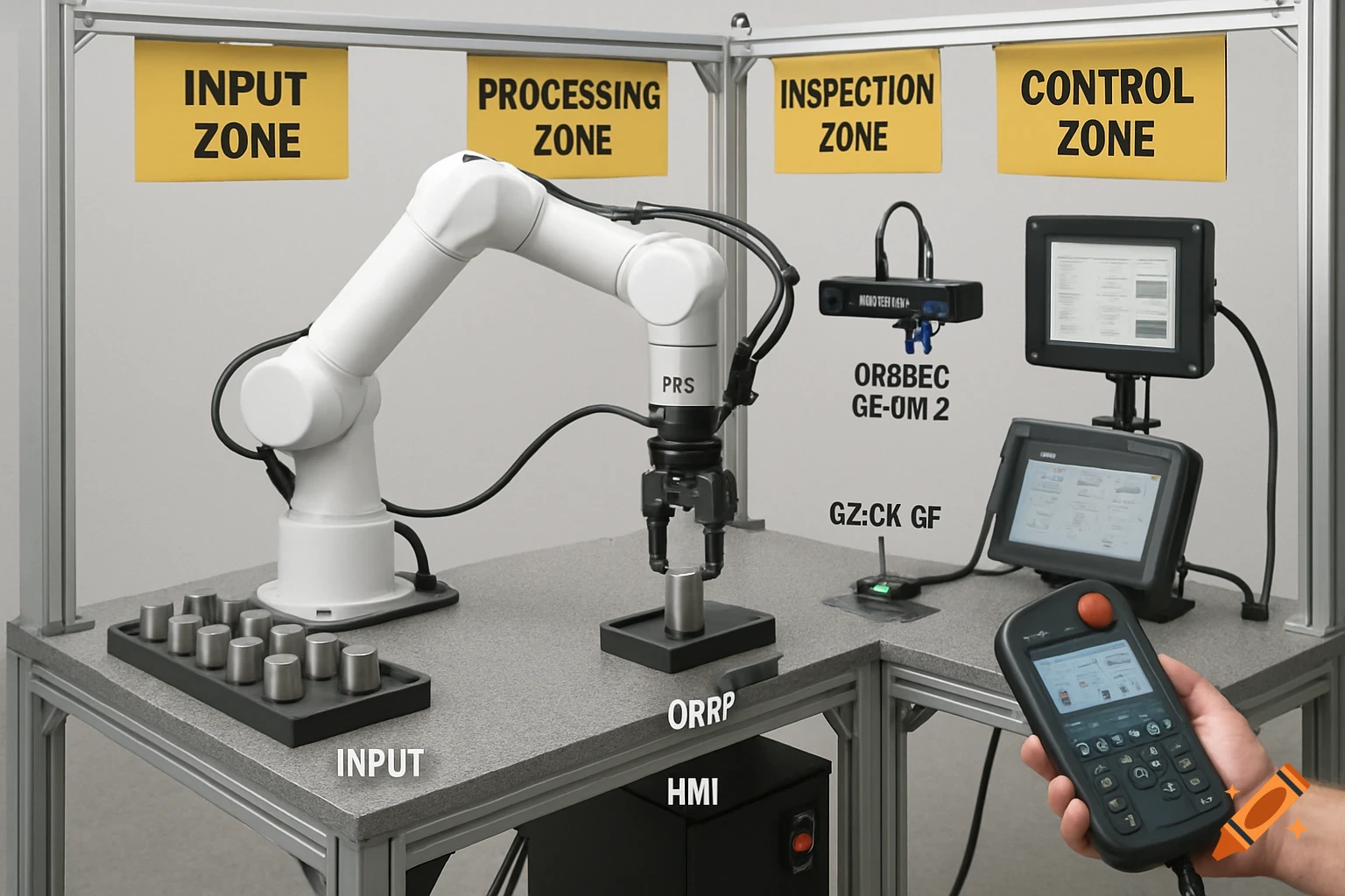 A white robotic arm in an industrial automation setup with labeled zones: Input, Processing, Inspection, and Control. A hand holds a control pendant.