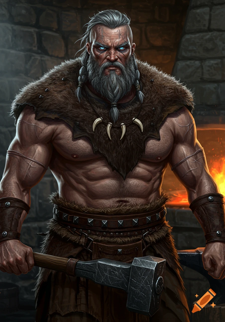 A hyper-detailed portrait of a muscular, rugged Viking warrior with a grey beard and braided hair, wearing a fur vest and leather gear, holding a large hammer in a forge.