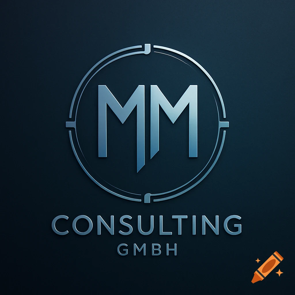 A metallic silver and blue logo featuring 'MM' inside a circular target symbol, with 'CONSULTING' and 'GMBH' below.