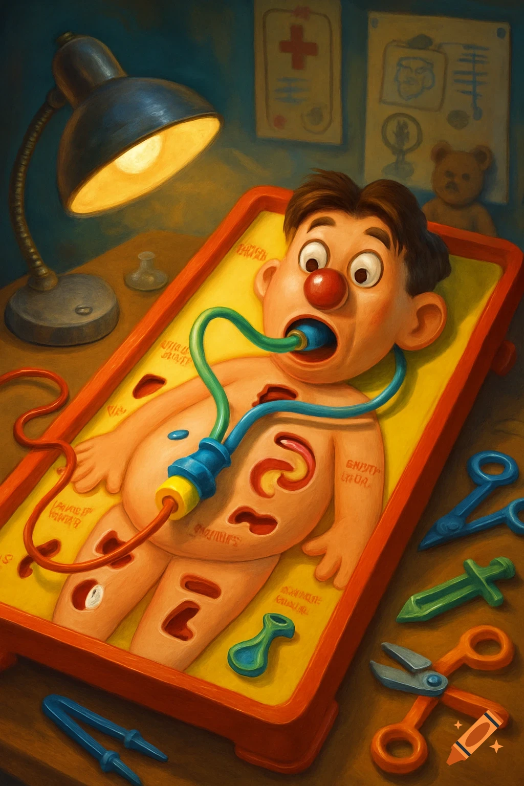 A stylized painting of the Operation board game, featuring a character with a red nose and a feeding tube connected to various body openings.