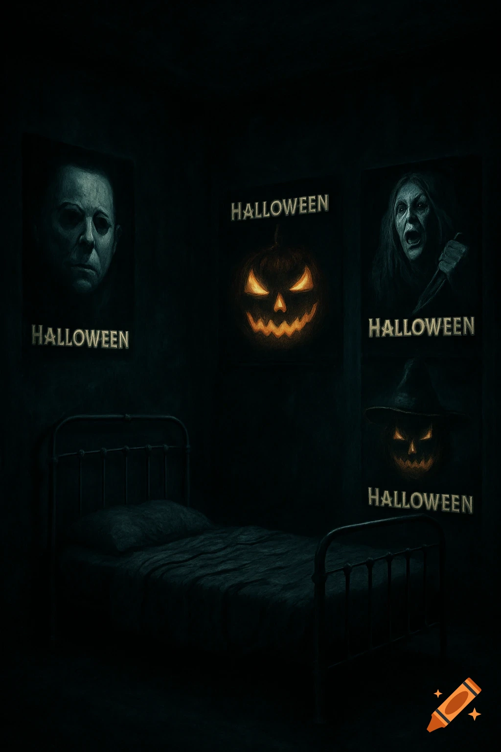 Dark bedroom with scary Halloween movie posters including Michael Myers, a screaming woman, and glowing jack-o'-lanterns.