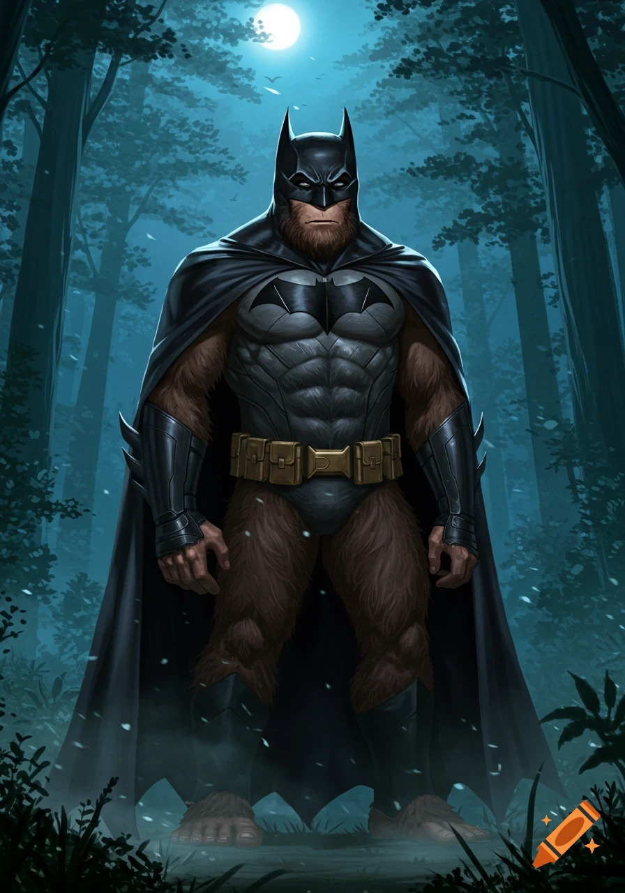 A muscular, hairy Bigfoot dressed as Batman stands in a dark forest under a full moon.