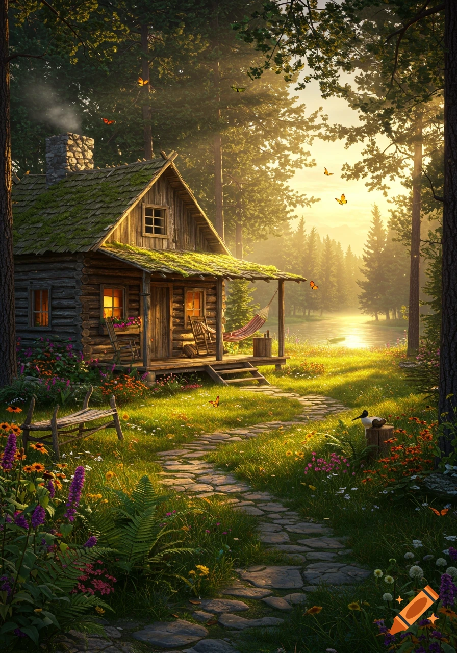 A cozy log cabin with a mossy roof in a sun-drenched forest, a stone path leading to a river reflecting the golden sunset.