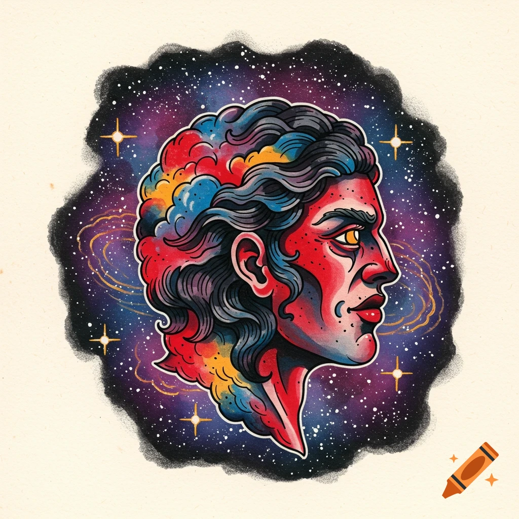 A vibrant American Traditional tattoo flash illustration of a profile head made of colorful nebulae against a galaxy background.