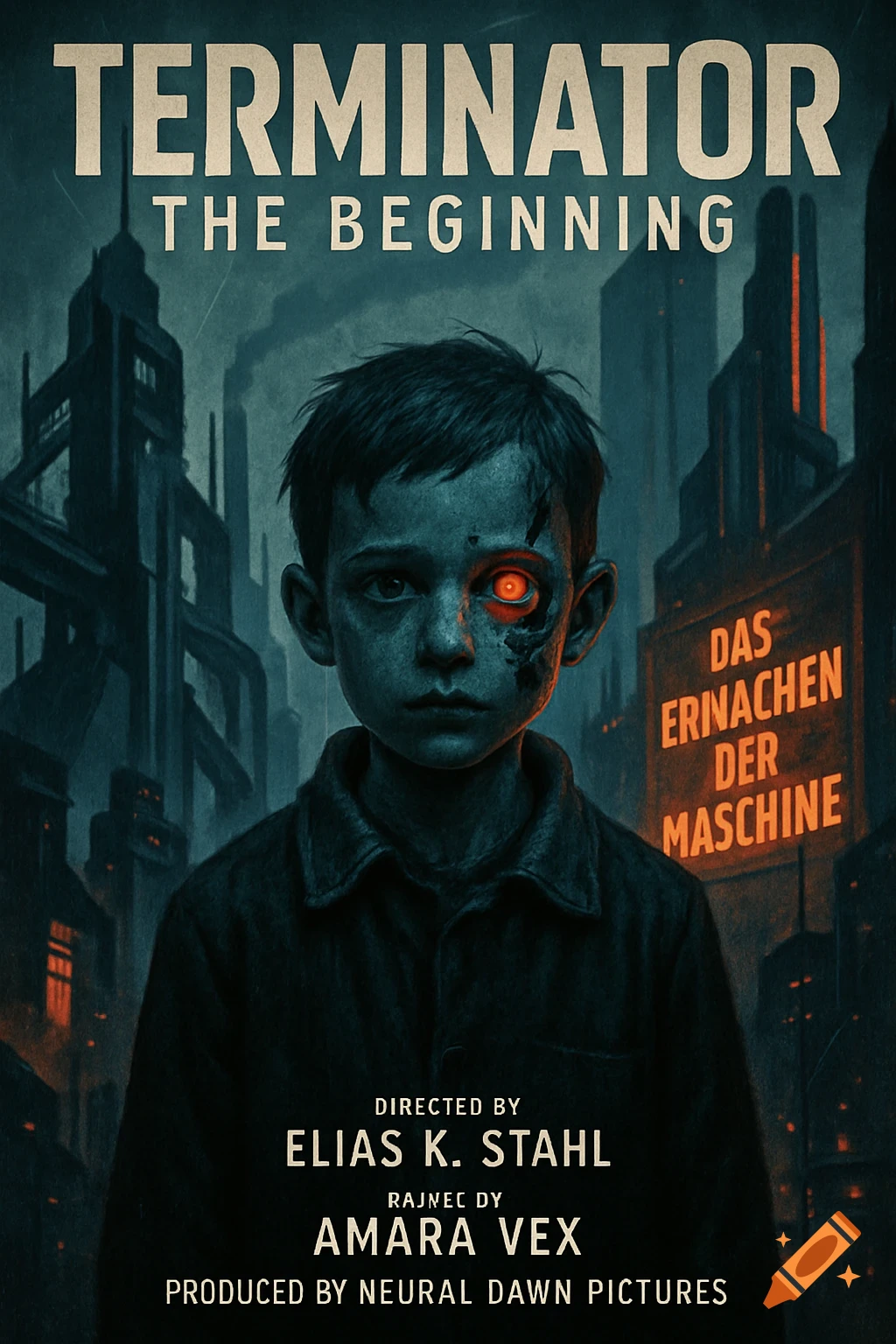 A dystopian movie poster for 'TERMINATOR: THE BEGINNING' featuring a young boy with one glowing red eye in a dark, industrial city. Billboards display German text, and credits are at the bottom.