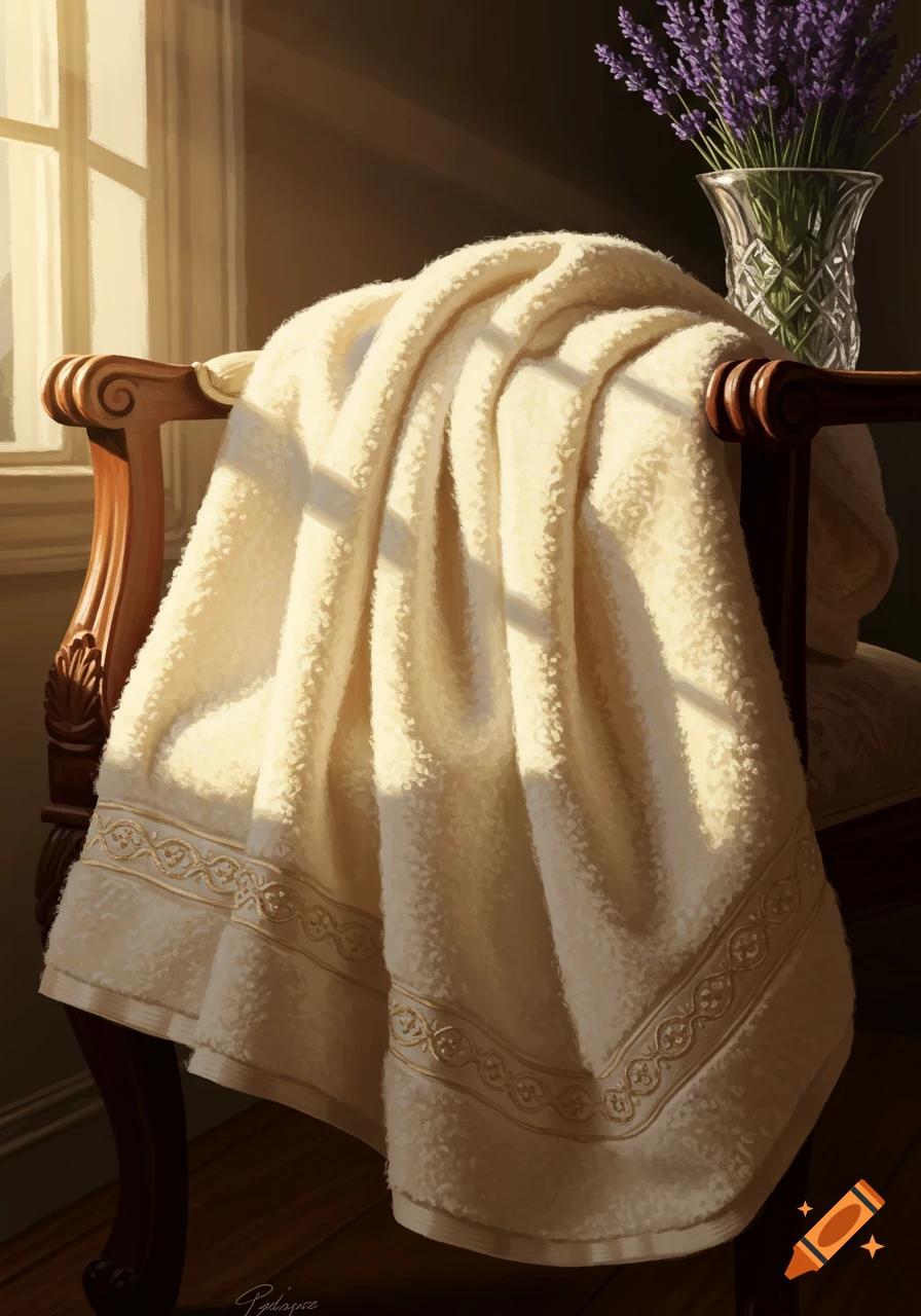 A fluffy white towel with gold trim draped over a carved wooden chair in a sunlit room, with a vase of lavender flowers.