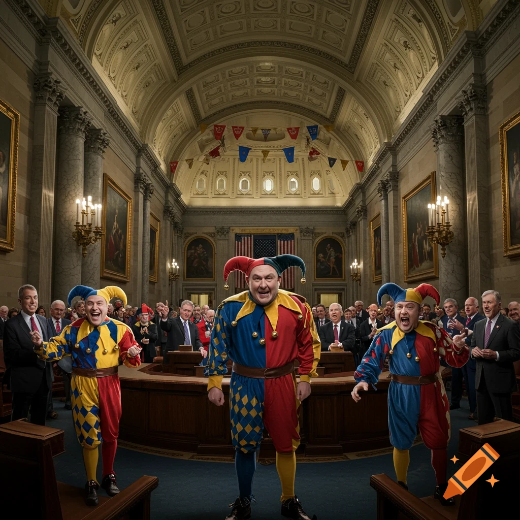 Three men in colorful jester costumes laugh and shout in a grand legislative chamber filled with men in suits, photorealistic.