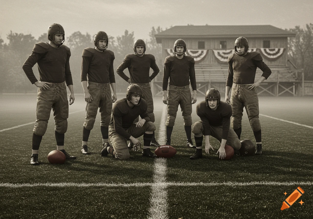 Sepia-toned photo of seven vintage football players in uniform on a field with a building in the background.