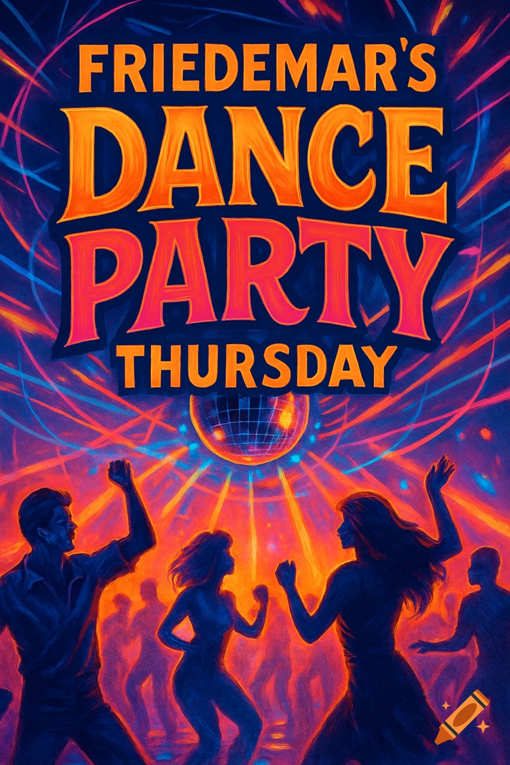 A vibrant retro-style poster for Friedemar's Dance Party on Thursday, featuring dancing silhouettes under a disco ball with colorful light rays.