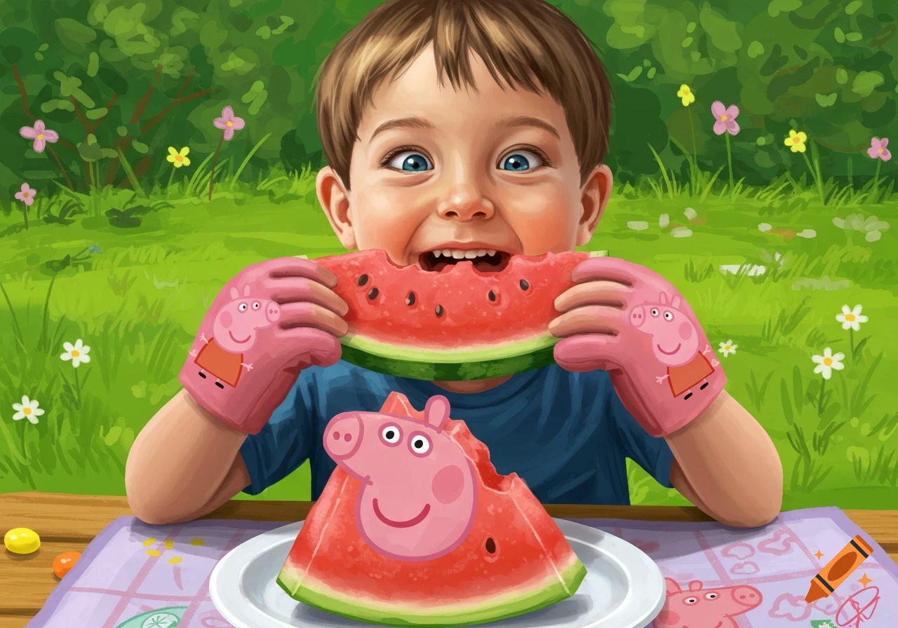 A happy boy in Peppa Pig mittens eats a large slice of watermelon at a picnic, with a Peppa Pig cutout from another watermelon slice on the table.