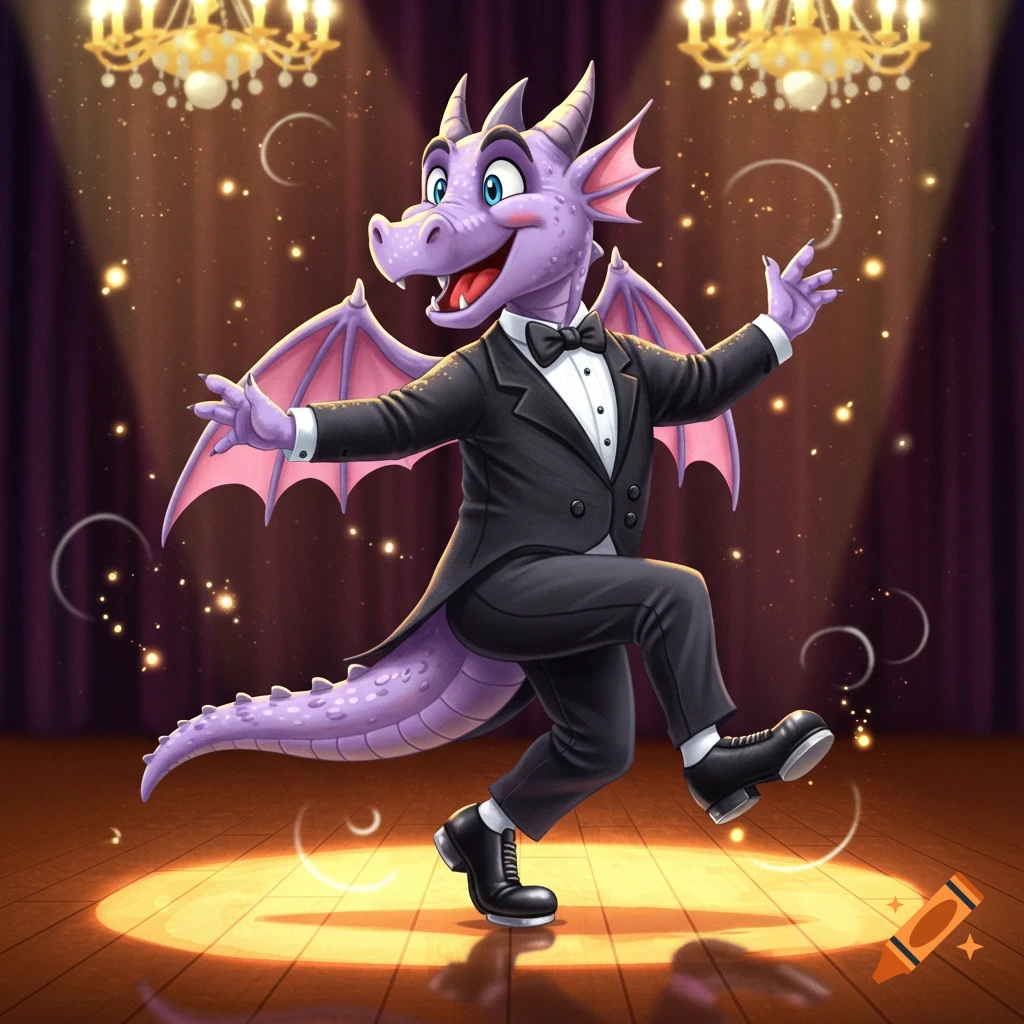 A friendly purple cartoon dragon in a black tuxedo and tap shoes dances energetically on a spotlighted stage.
