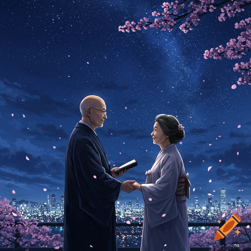 An illustrated elderly couple holding hands under a starry night sky with cherry blossoms and a city skyline.