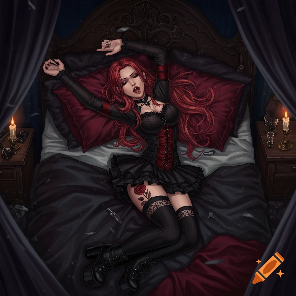 Digital painting of a red-haired gothic woman in a black corset and skirt, stretching in an ornate bed at night with candles.