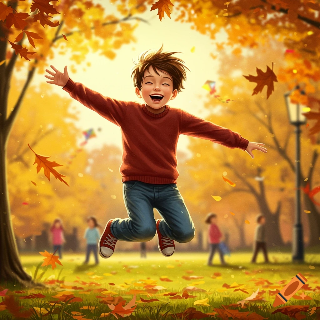 A happy boy in a red sweater and jeans jumps with arms open amidst falling autumn leaves in a sunny park.