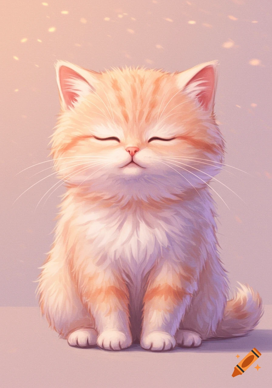 An adorable orange and white tabby kitten with closed eyes sits peacefully in a soft, illustrative style.
