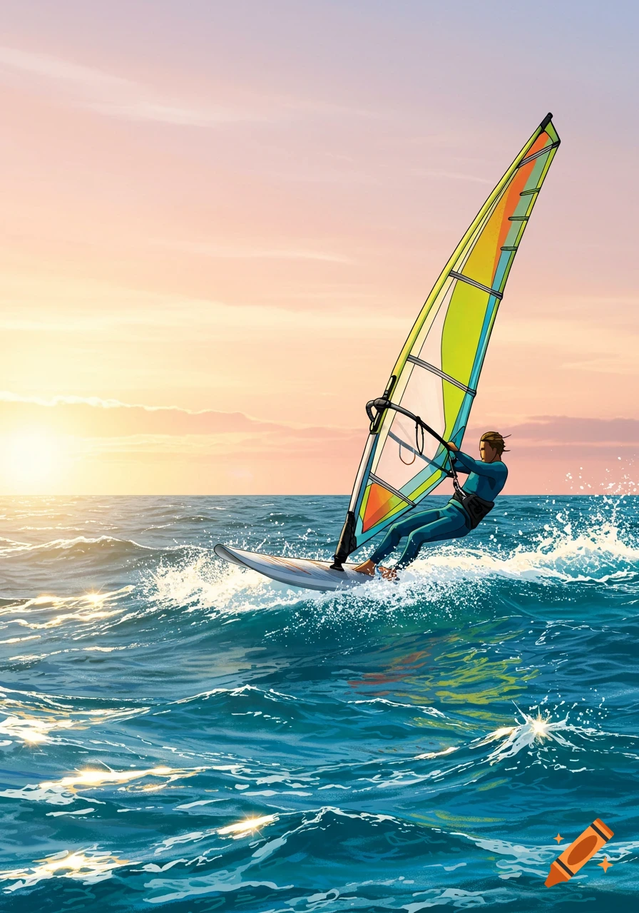 Illustration of a windsurfer on choppy blue ocean waves during a vibrant sunset.