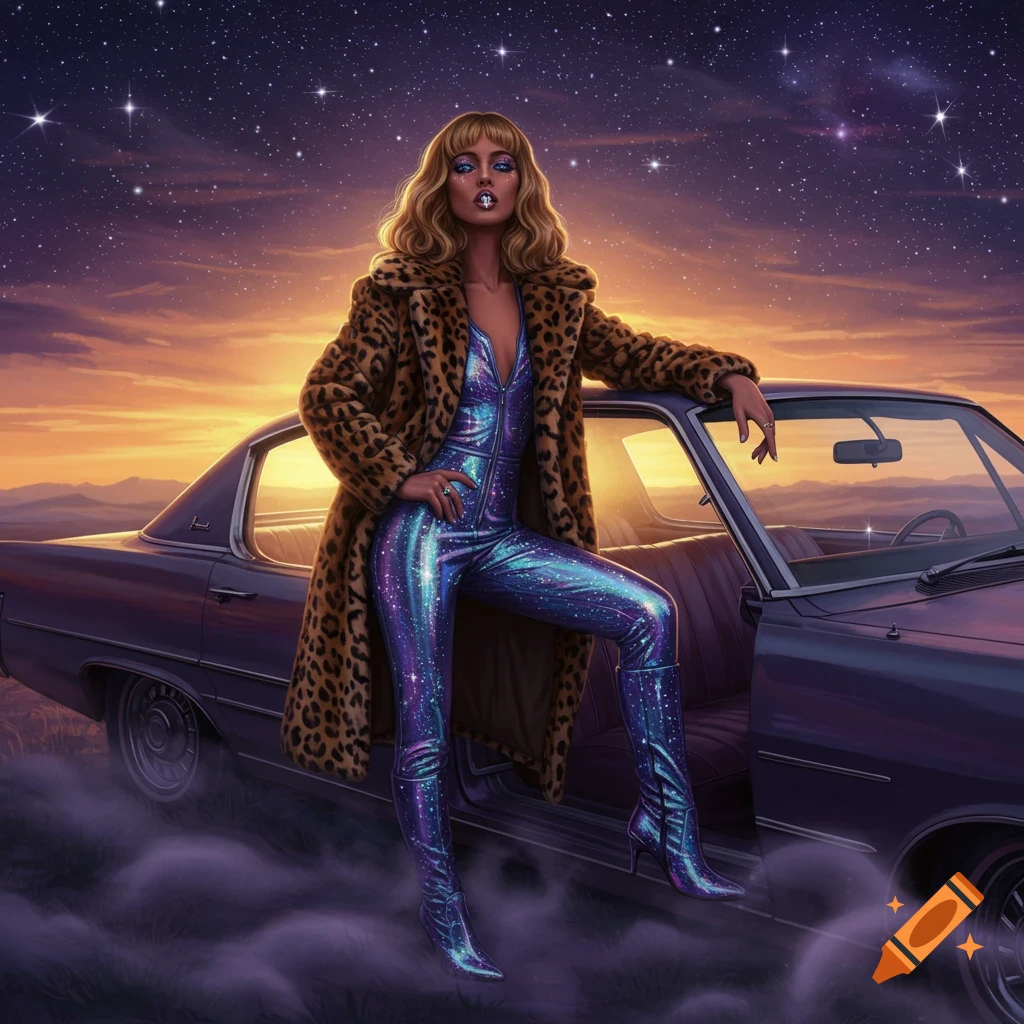 A woman in a leopard print coat and a shimmering purple jumpsuit stands by a vintage car against a starry sunset sky.