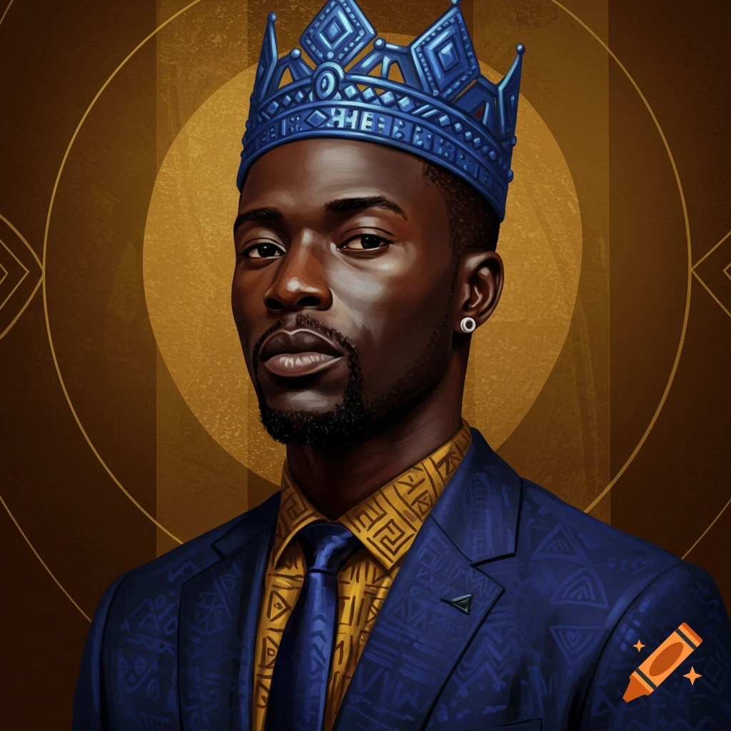 A stylish portrait of a Black man wearing a blue crown, a patterned gold shirt, and a blue suit.