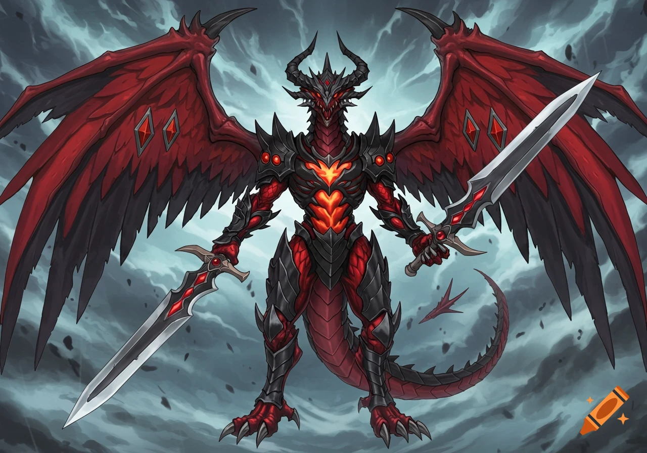 A dark red armored bipedal dragon with large red and black wings holds two ornate swords against a stormy sky, in a Yu-Gi-Oh anime art style.