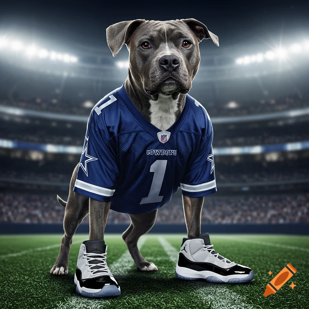Photorealistic pitbull dog in a Dallas Cowboys jersey and Jordan sneakers on a football field.