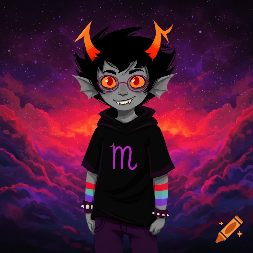 A grey-skinned troll with black hair, orange horns, and red-orange eyes wears glasses, a black hoodie with a purple 'm', and rainbow armbands, set against a vibrant red and purple galaxy background.
