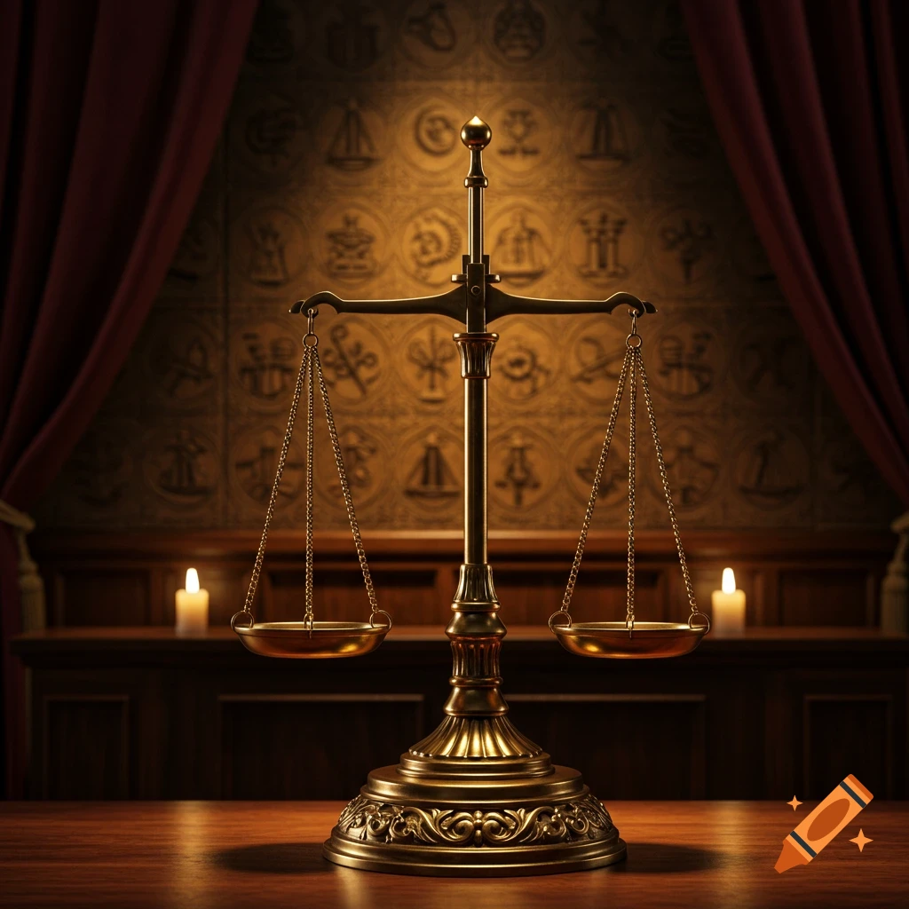 A golden set of scales of justice sits on a polished wooden table, flanked by two lit candles, in a dimly lit room with dark red curtains and patterned walls.